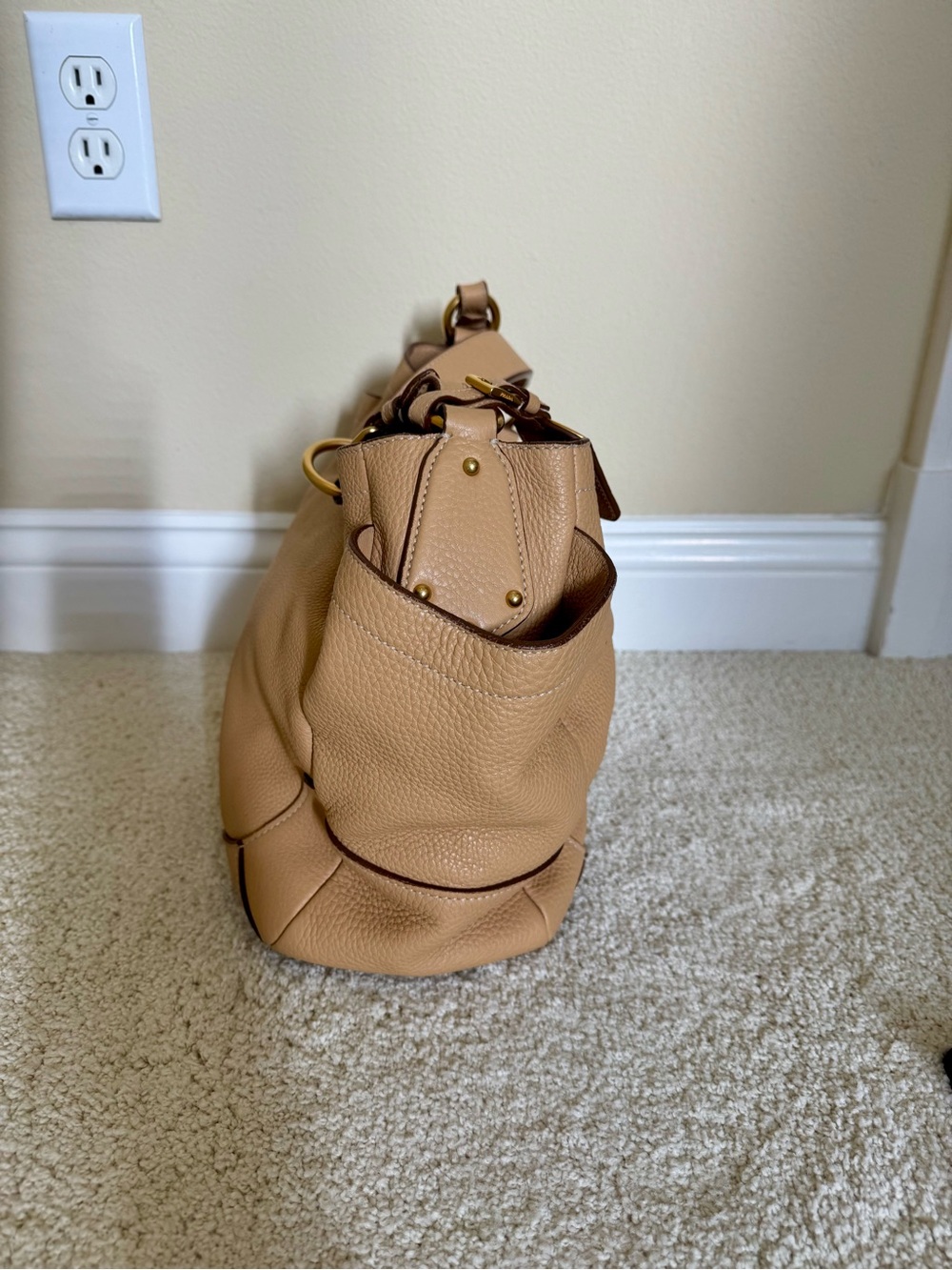 PRADA Vitello Daino Leather Side Pocket Hobo Shoulder Bag - Beige/Camel Gold - Picture 4 of 10